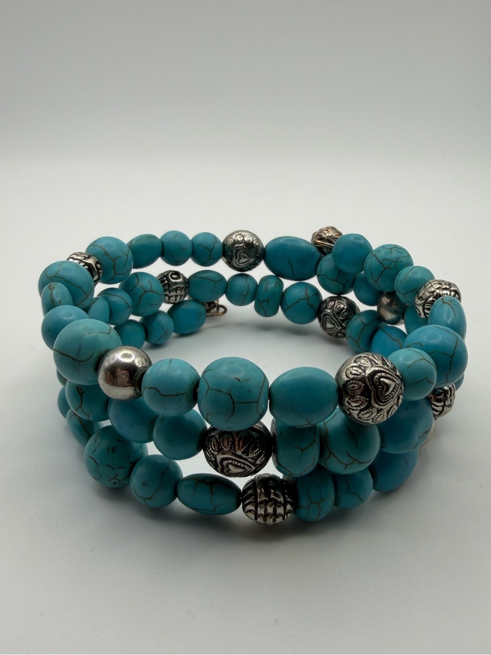 Turquoise Beaded Coil Bracelet with Silver-Tone Accents